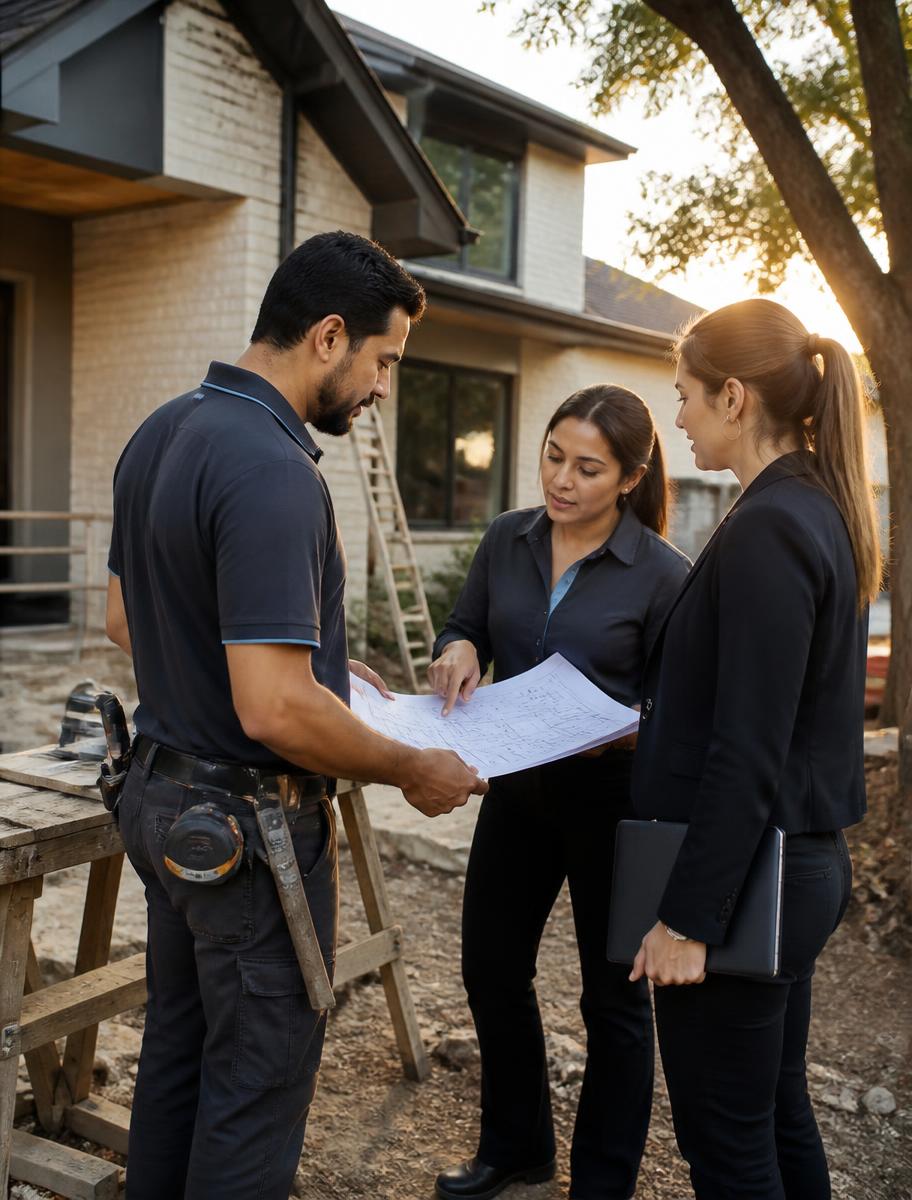 Real estate professionals reviewing renovation plans